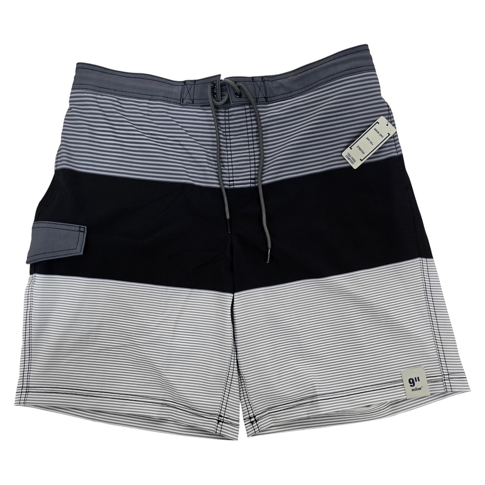 George Mens Swim Trunks Black Grey Striped Colorblock Board Shorts Large NWT - Picture 2 of 7
